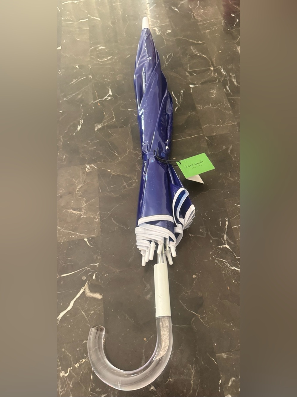 kate spade royal blue and white umbrella with clear J-handle & logo